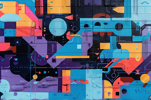 A Vibrant And Colorful Abstract Graffiti Mural Featuring Geometric Shapes, Line