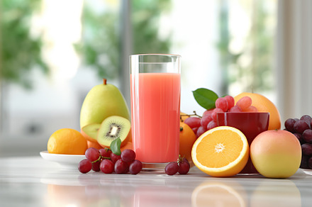 Glass of fresh juice with various fruits, a Food & Drink Photo by AlyaAnd