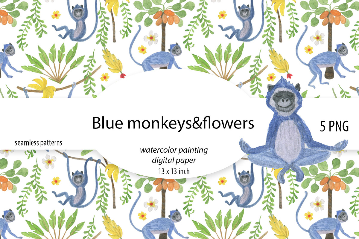Blue monkeys - watercolor patterns, a Pattern Graphic by ramika (Photo 1 of 7)