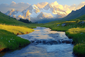Beautiful landscape with water stream on mountains background, a Photo by AlyaAnd