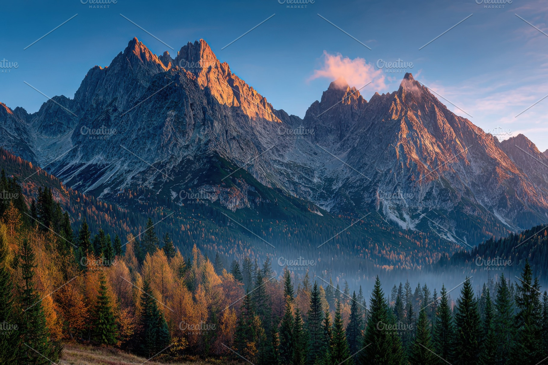 Majestic Mountains Autumn Forest Sun, a Photo by Pixeness Studio