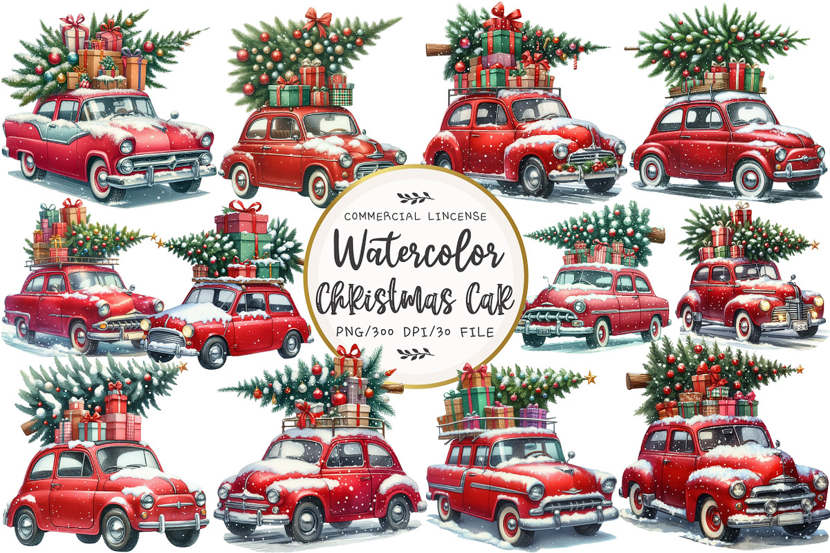 Christmas Car Watercolor Clipart, an Illustration by OK Design (Photo 1 of 5)