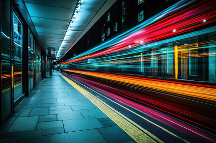 Nighttime city scene with blurred li, a Photo by Tanuart