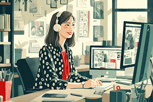 Smiling businesswoman working with headphones in a creative office space., a Photo by AS photostudio