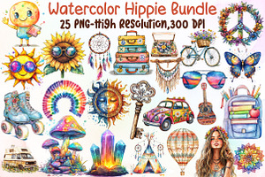 Watercolor Hippie Bundle Clipart, an Illustration by Sublimation Artist