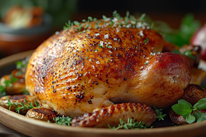 A beautifully roasted golden-brown chicken garnished with fresh, a Food & Drink Photo by ImageMir