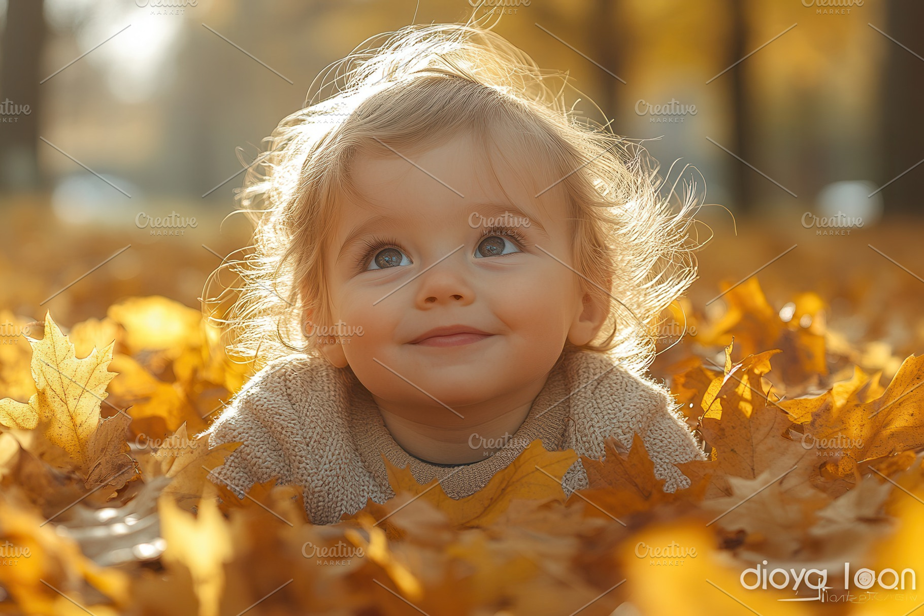 Child enjoys playing in autumn leave, a Photo by Tanuart