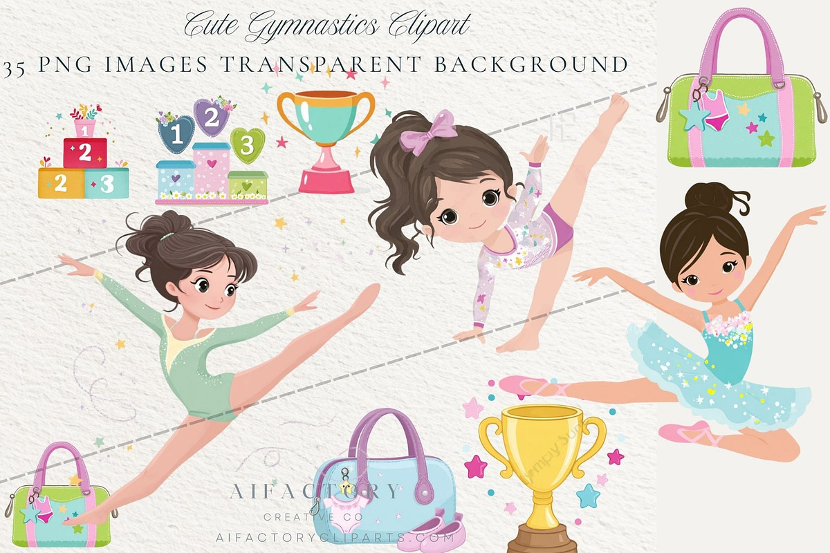 Cute Gymnastics Girl Clipart PNGs, a Person Illustration by artinspirestudio (Photo 4 of 4)