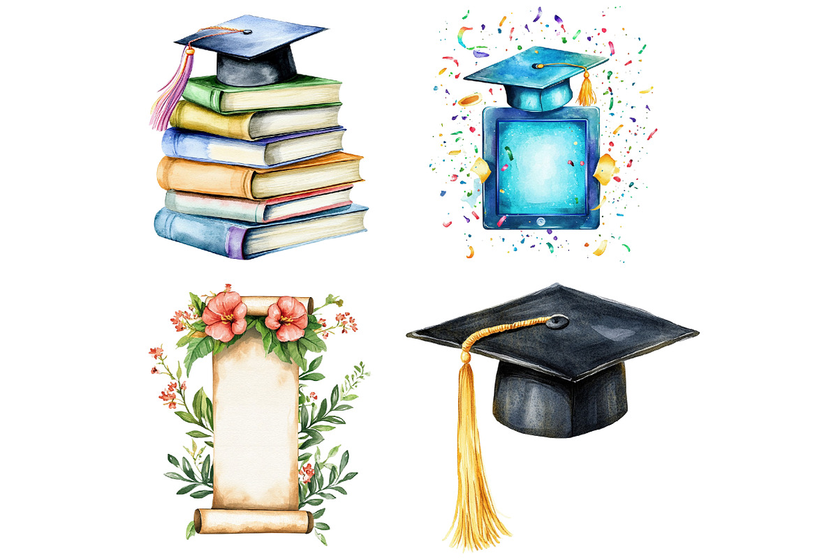 Watercolor Graduation Clipart Set, an Illustration by Libby Wishes (Photo 4 of 7)