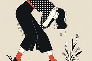Stylish illustration of a tired woman sitting exhausted beside a small plant, a Photo by AS photostudio