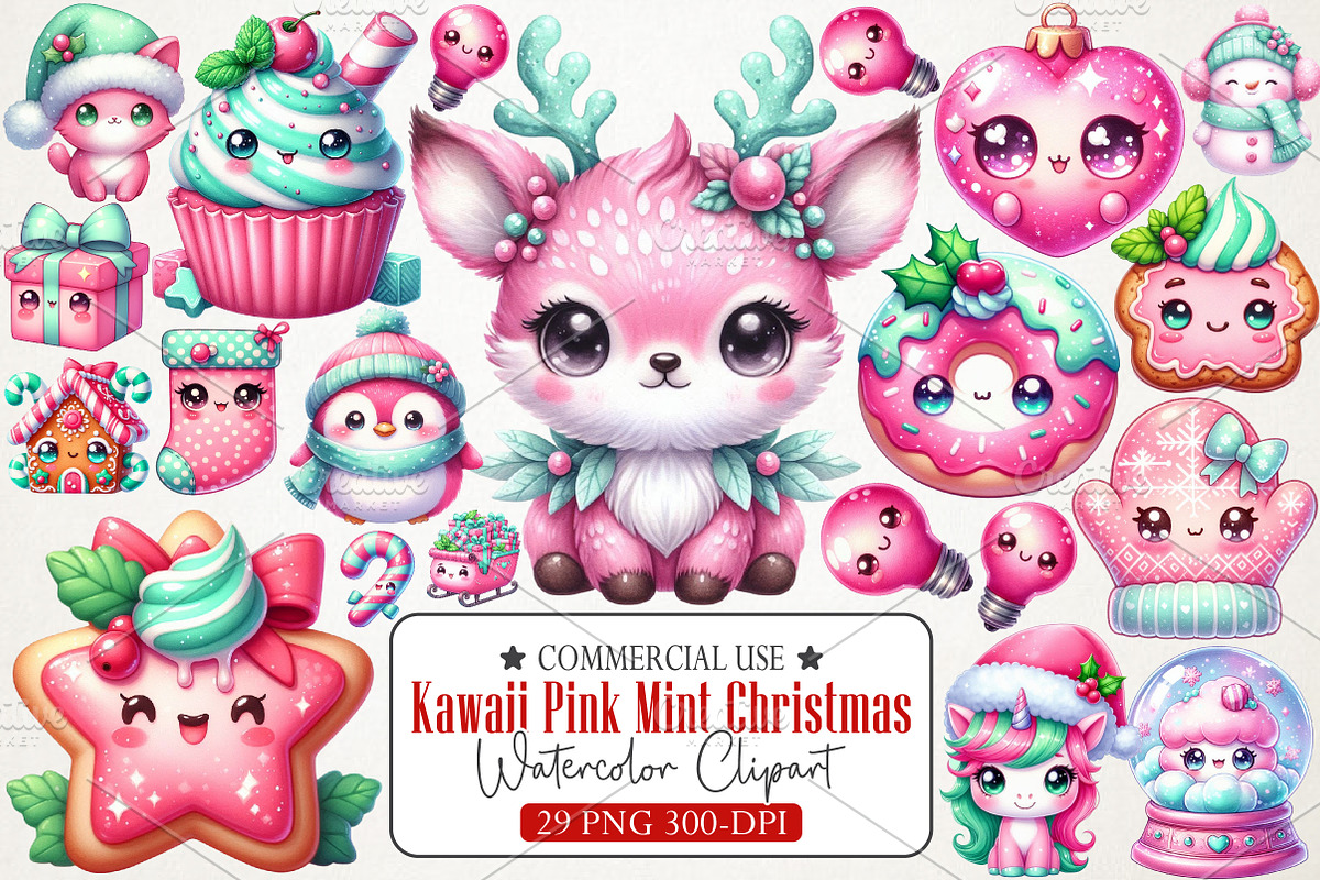 Kawaii Pink Mint Christmas Clipart, an Illustration by RobertsArt (Photo 1 of 7)