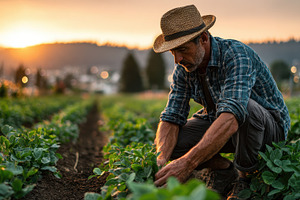 Farmer tending crops at sunset golde, a Photo by Pixeness Studio
