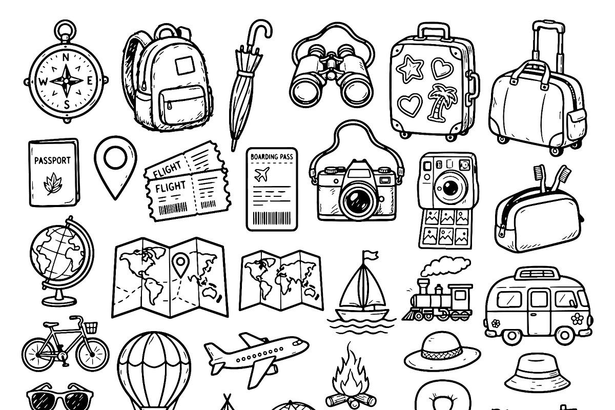 Set of travel outline doodle signs, a Transportation Illustration by Voodz_shop (Photo 3 of 3)