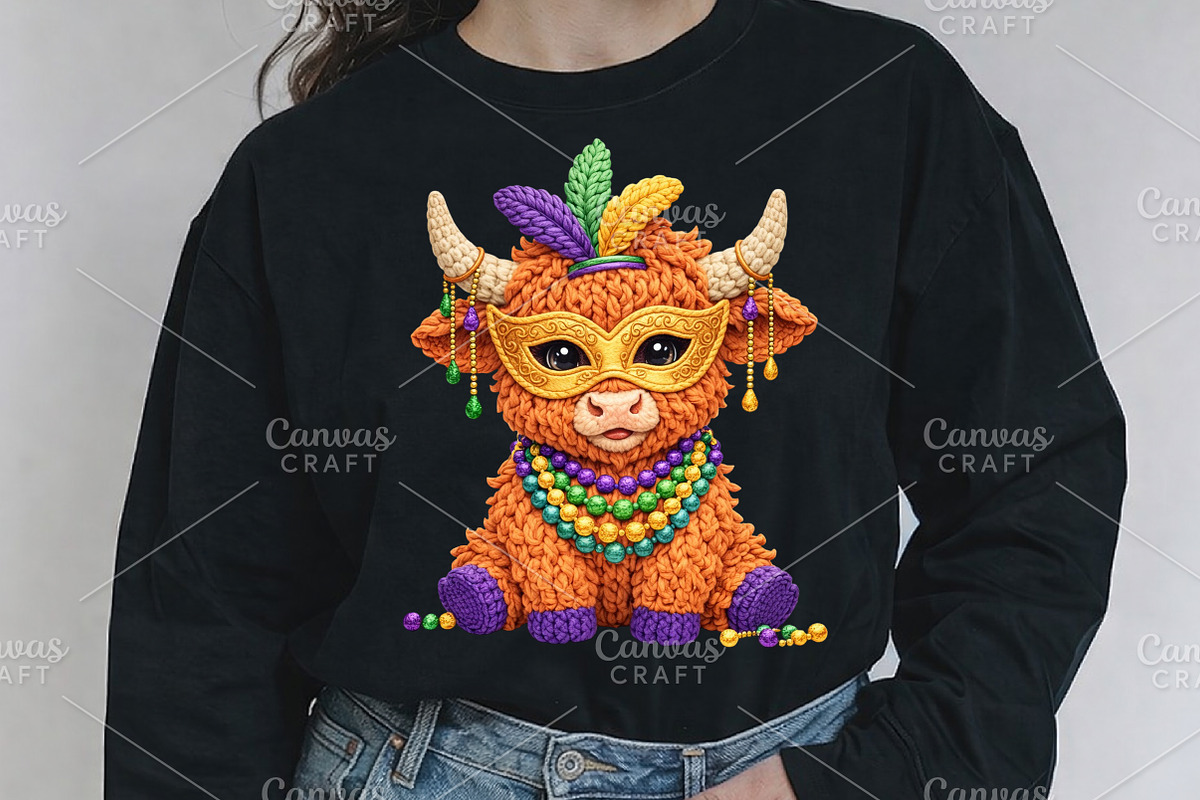 Crochet Mardi Gras Highland Cow PNG, an Illustration by Canvas Craft (Photo 5 of 6)