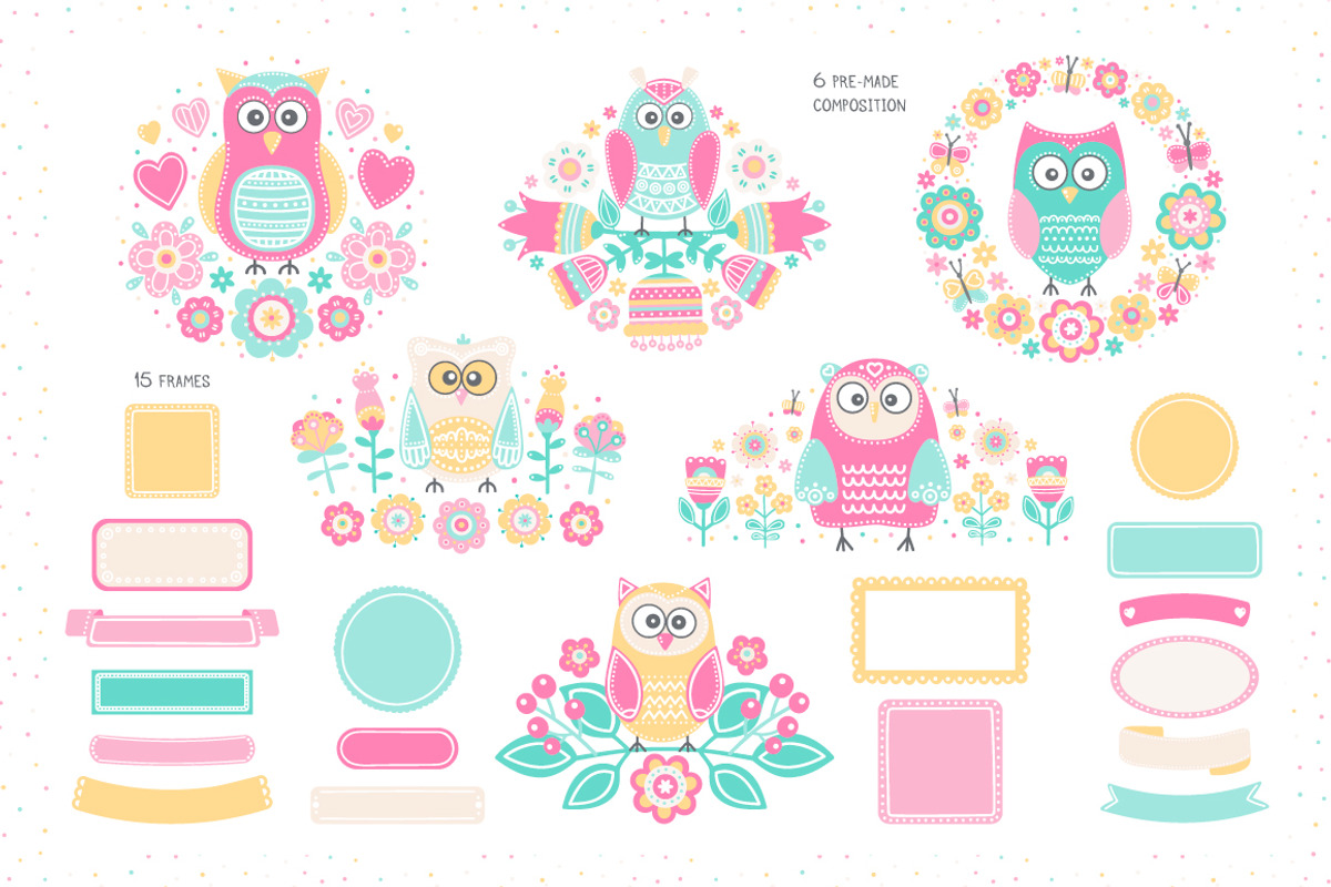 Owls And Flowers. Vector Clip Art., an Illustration by Fairy dreams (Photo 3 of 10)