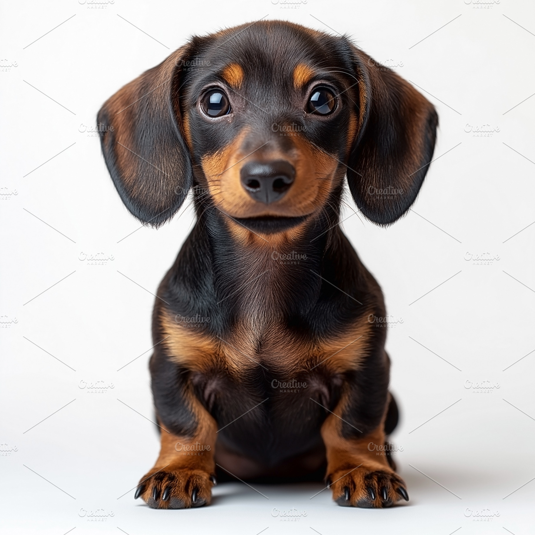 Adorable black and tan dachshund puppy, sitting proudly with big, expressive ey, an Animal Photo by ImageMir