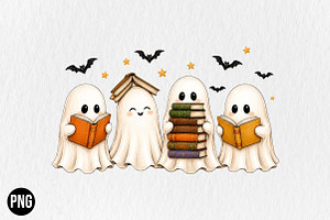 Halloween Ghost Reading Books PNG, a Seasonal Illustration by CraftArtStudio