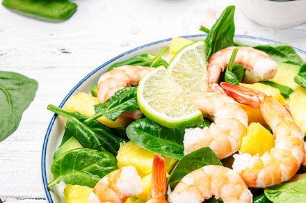 Fresh pineapple shrimp salad with spinach, avocado and lime on w, a Food & Drink Photo by 5PH