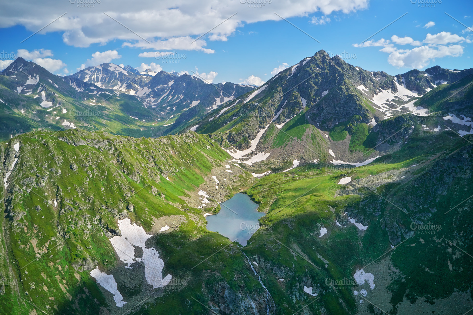 Aerial beautiful summer landscape of Caucasus mountain., a Photo by djgis