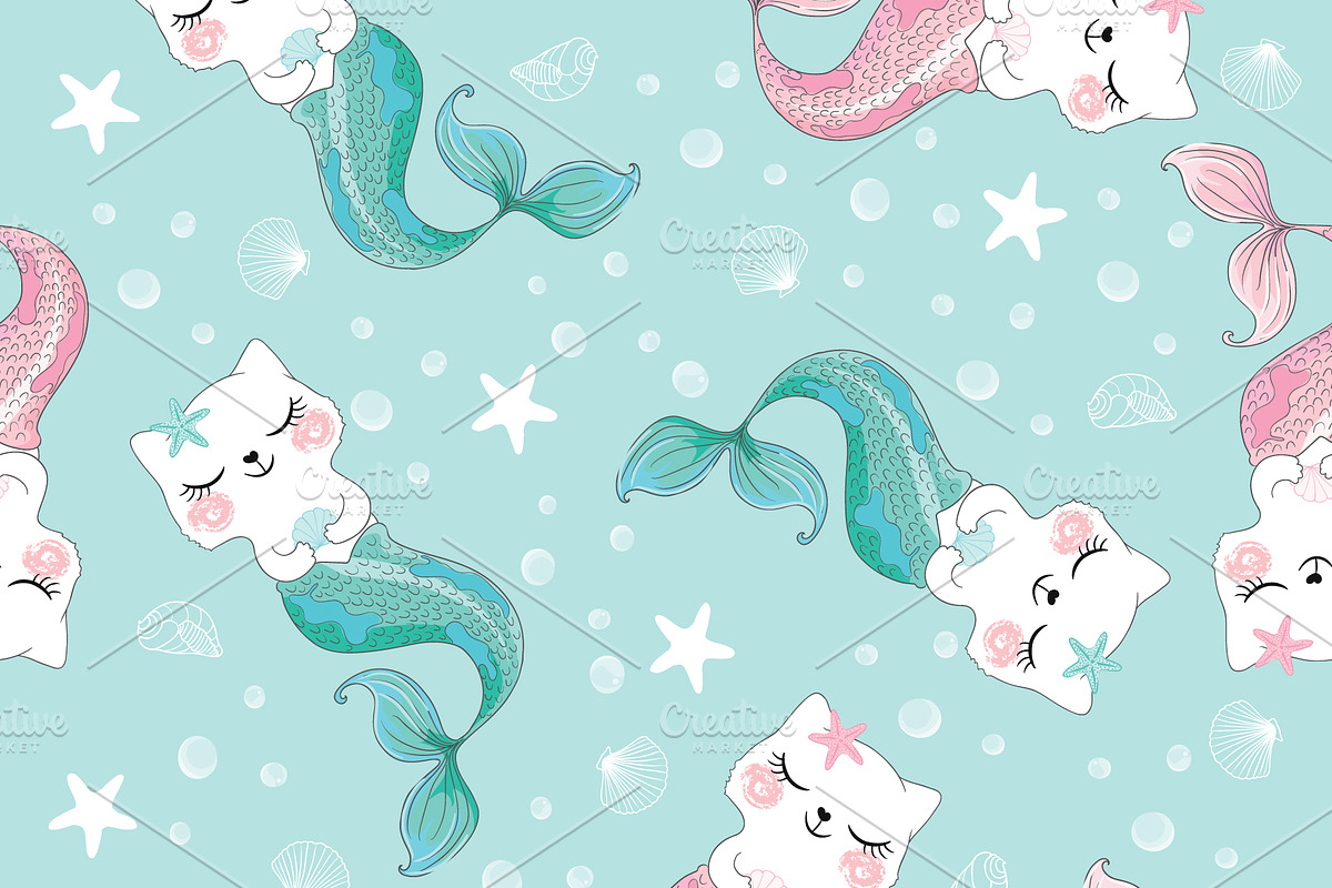 Mermaid vector.Cat mermaid patterns, an Animal Illustration by StudioLondon
