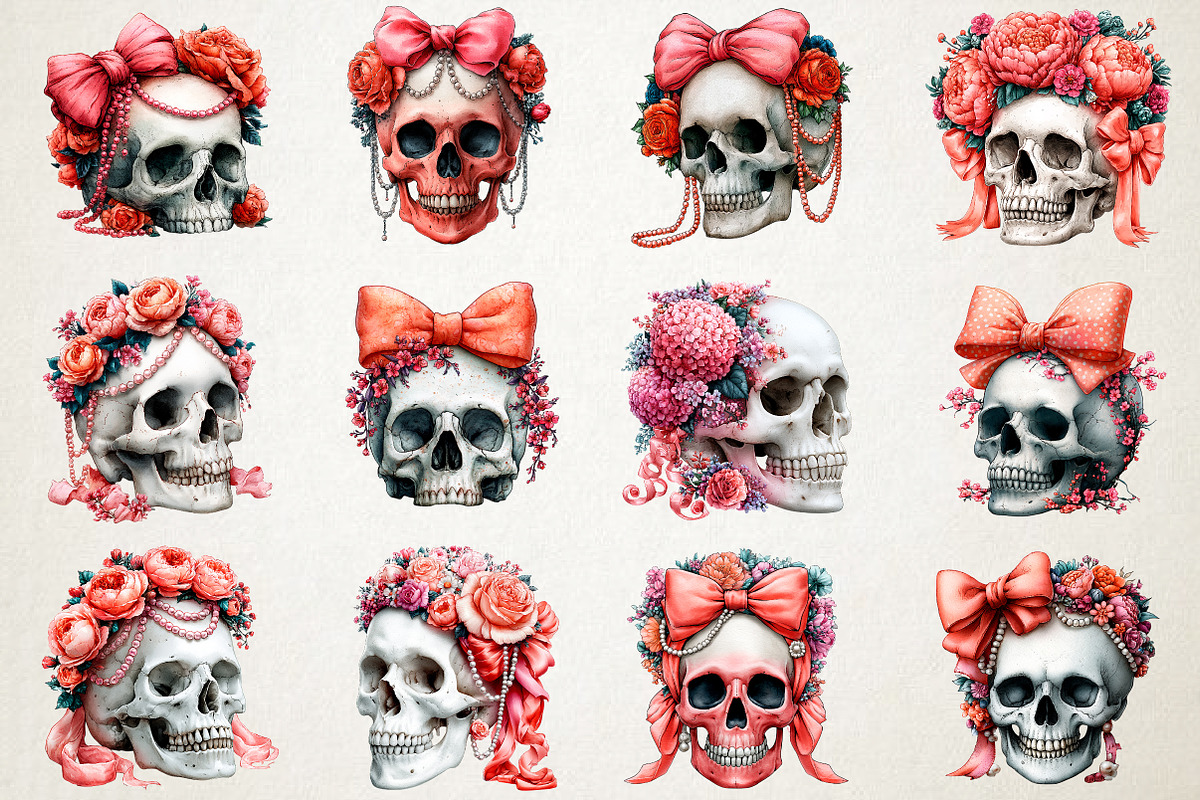 Watercolor Coquette Skull Clipart, a Seasonal Illustration by RobertsArt (Photo 4 of 7)