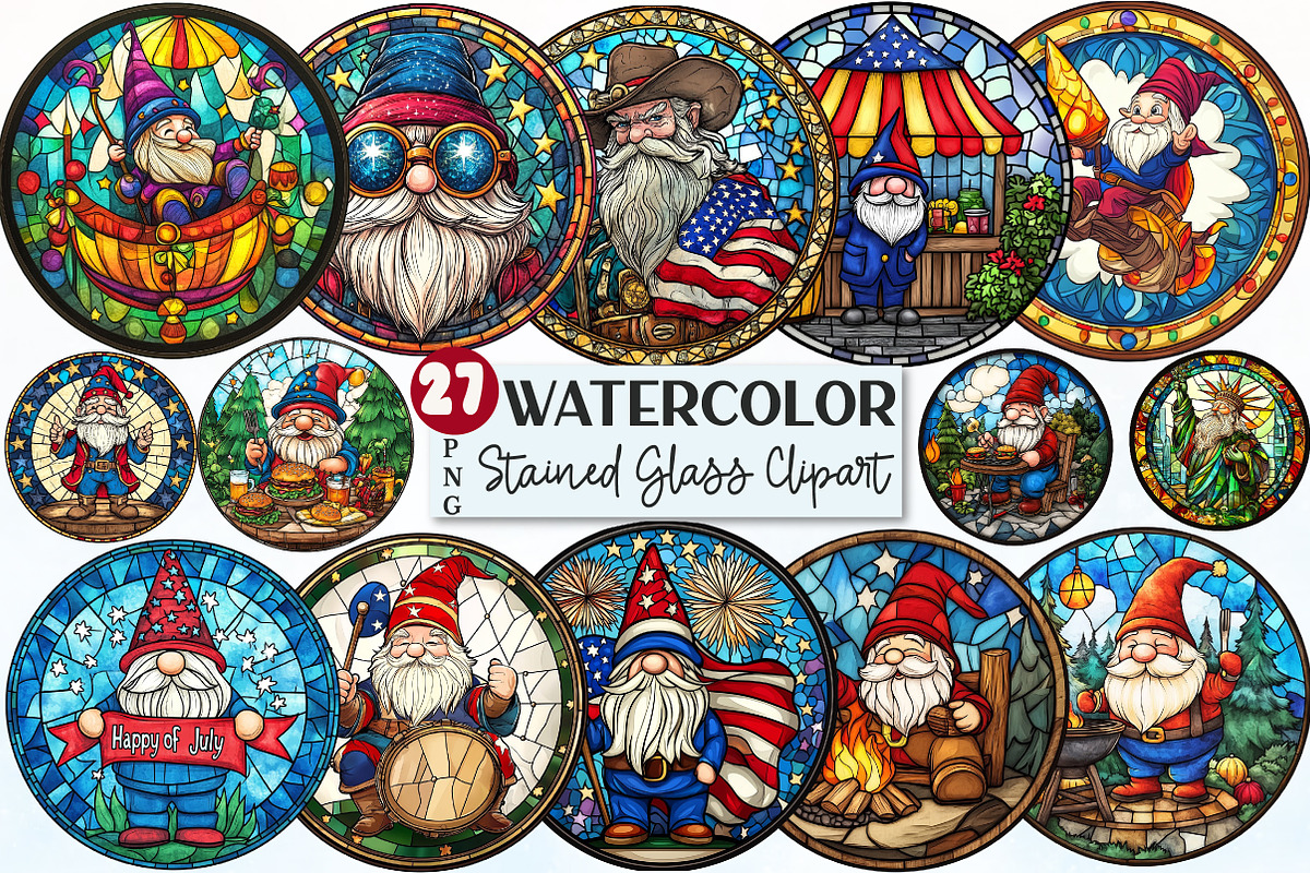 4th of July Gnome Stained Glass Clip, a Seasonal Illustration by Rose Art (Photo 1 of 4)