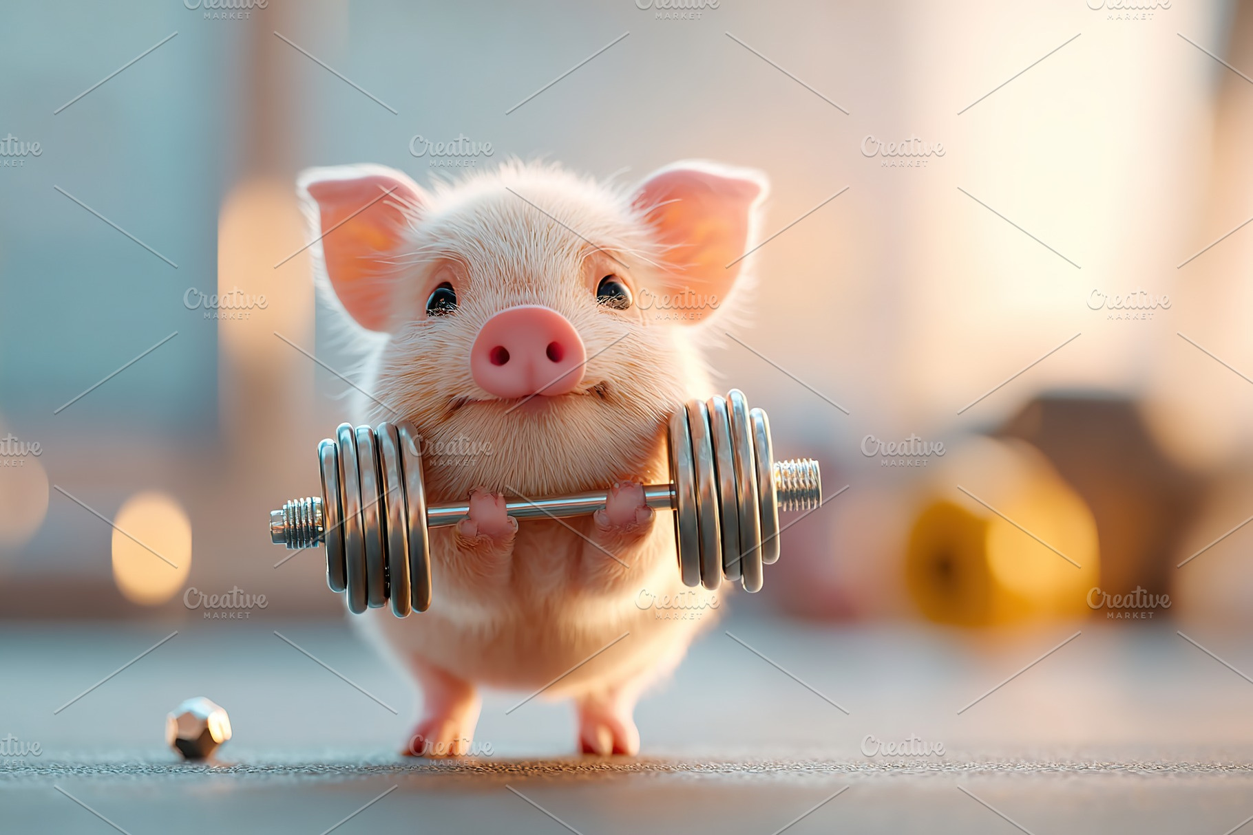 Pig lifting dumbbell in a gym setting showcasing determination and strength, an Animal Photo by AlyaAnd