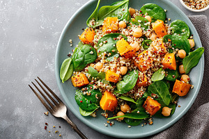 Healthy quinoa salad with butternut squash and spinach served on a plate, a Photo by AlyaAnd