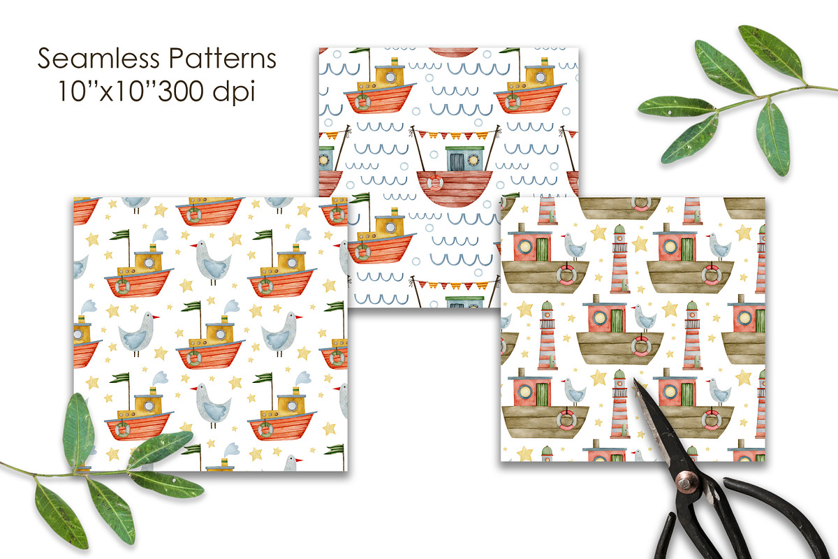 Watercolor Boat seamless patterns., a Decorative Illustration by Kira Konoshenko (Photo 6 of 16)