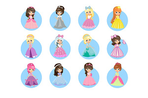 Beautiful Cartoon Princesses Flat Vector Icons Set