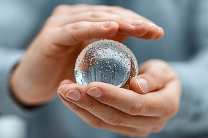 Hands holding a transparent sphere symbolizing care and innovation concepts, a Photo by AS photostudio
