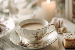 Cozy afternoon tea moment with vintage teacup, cake, and warm ca, a Photo by Studio ANNA