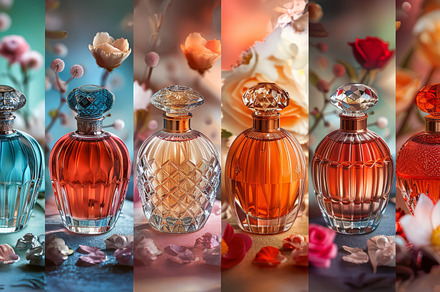 Elegant perfume bottles in floral setting showcasing vibrant colors, a Photo by AS photostudio