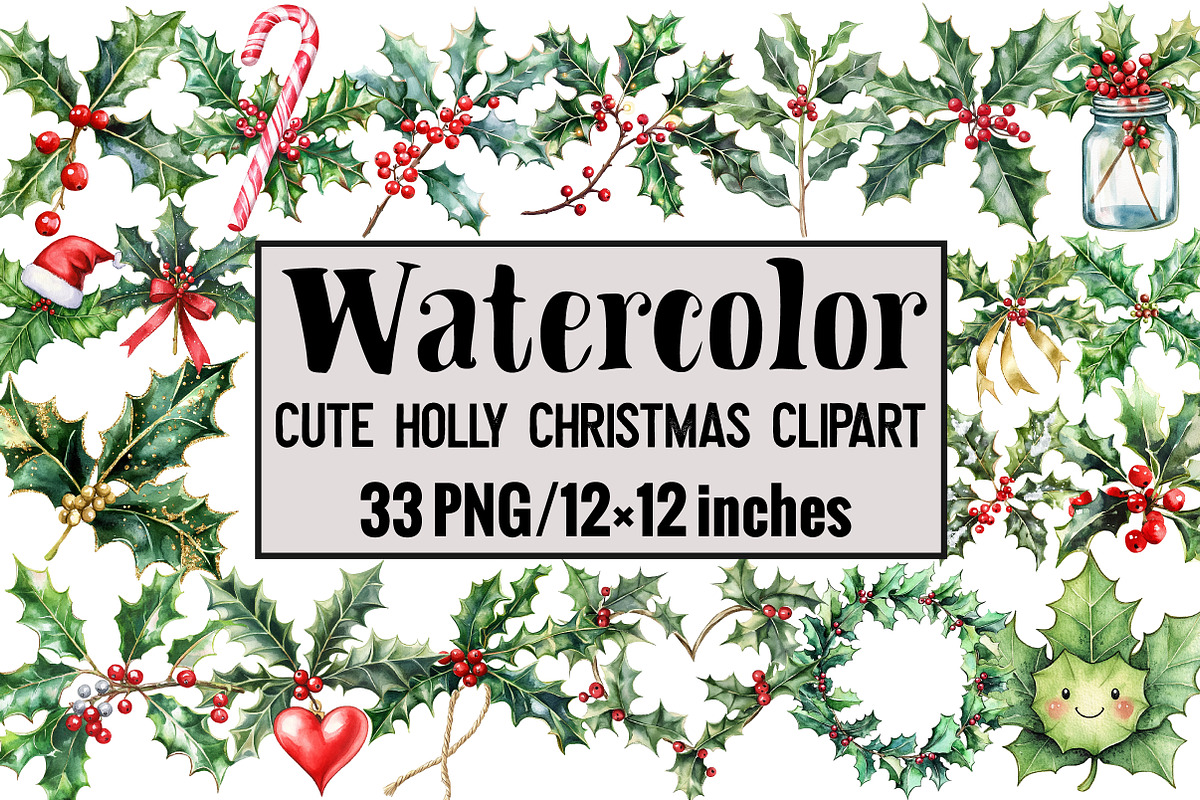Cute Holly Christmas Clipart, an Illustration by Design Market (Photo 1 of 3)