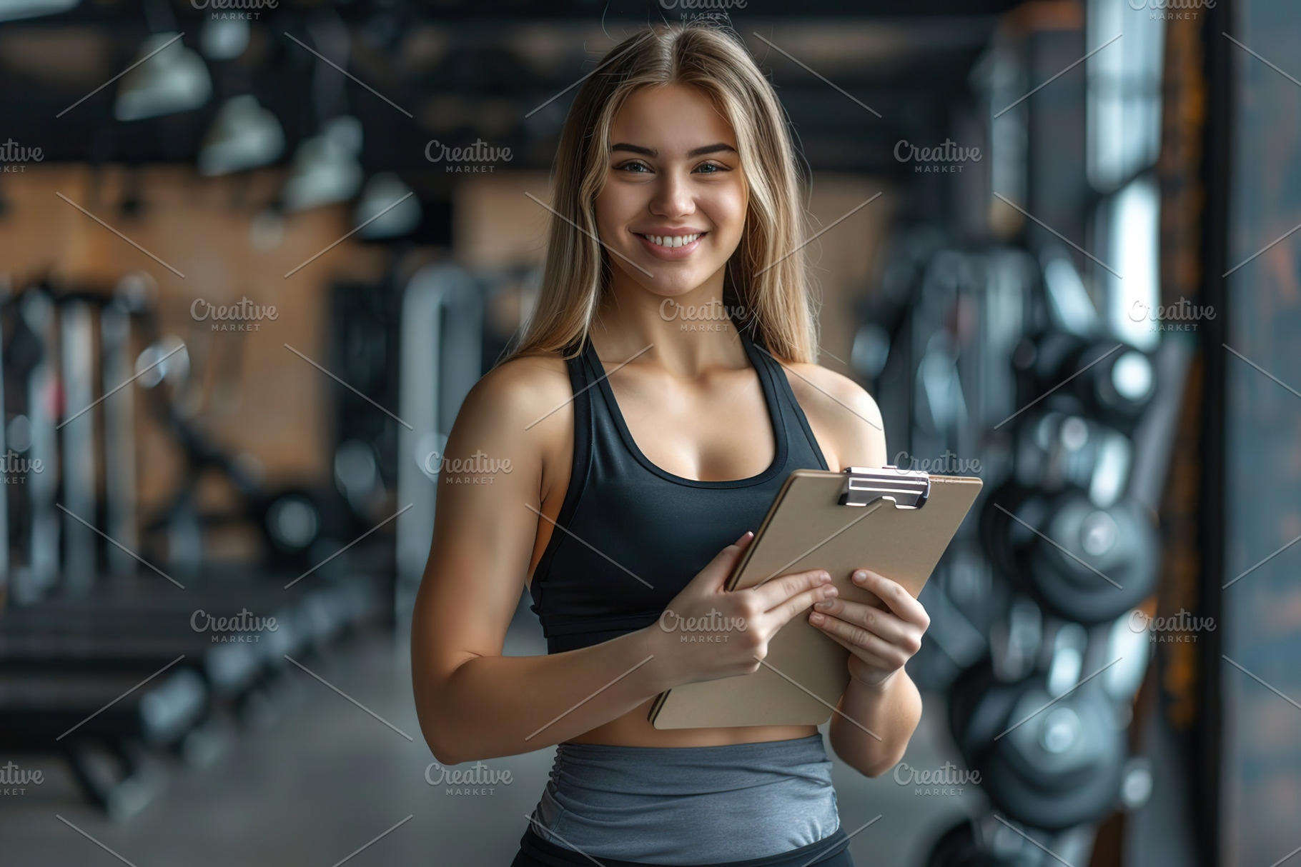 Portrait of female personal trainer with clipboard in a gym, a Person Photo by AlyaAnd