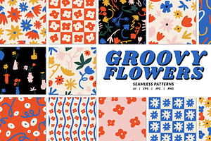 Groovy flowers. Seamless patterns