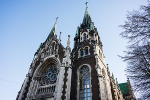 Neo Gothic Church of Sts. Olha and Elizabeth architecture in Lviv against a cle, a Photo by AS photostudio