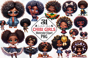 Juneteenth Black Chibi Girls Clipart, an Illustration by RobertsArt