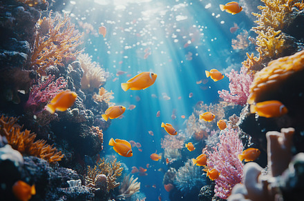 Vibrant coral reef teeming with colorful fish and stunning marine life in clear, an Animal Photo by AlyaAnd