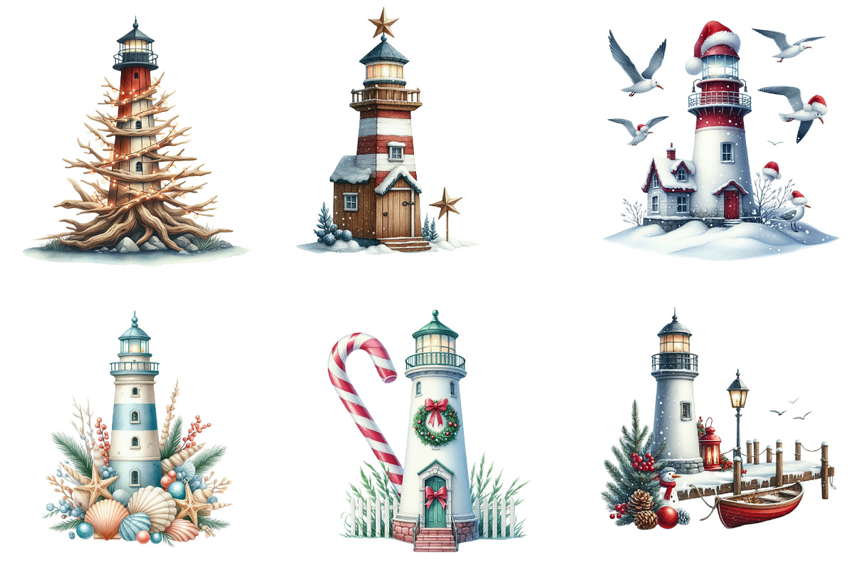 Christmas Lighthouse Clipart, an Illustration by DreamArtGraphic (Photo 4 of 6)