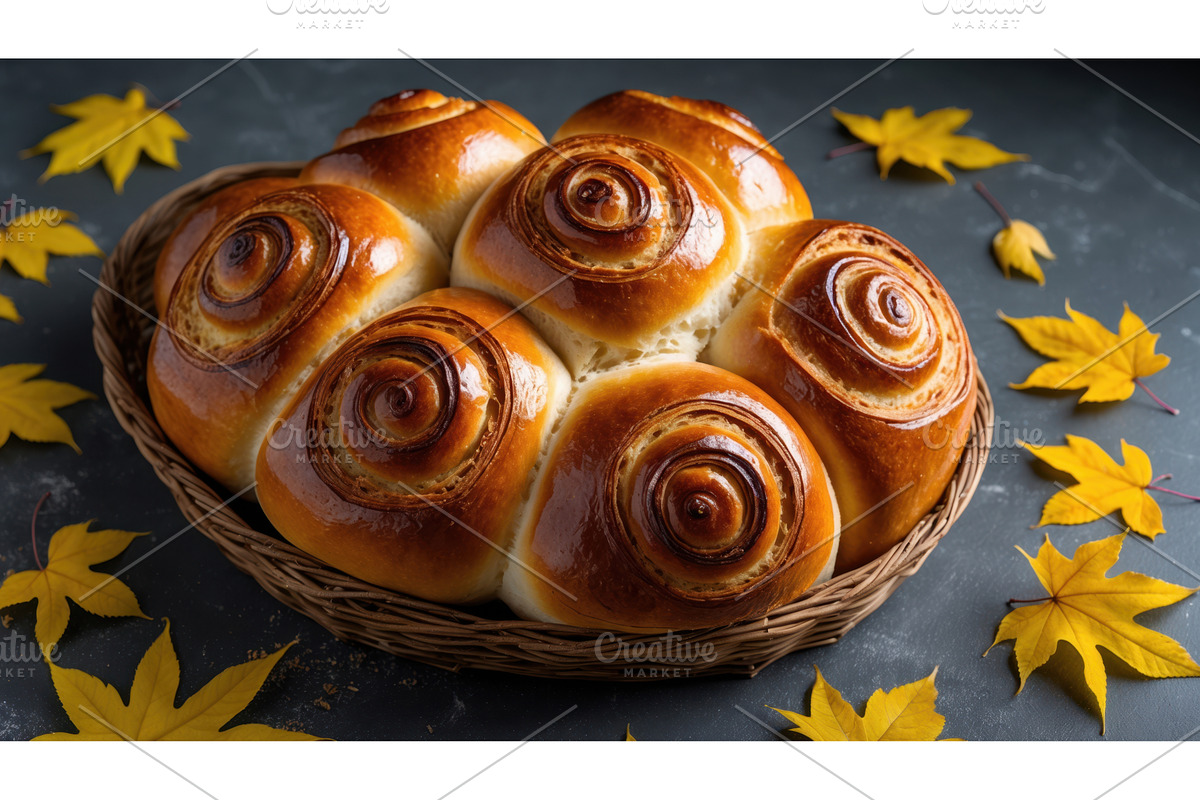 Freshly baked golden spiral rolls in, an Illustration by tilialucida