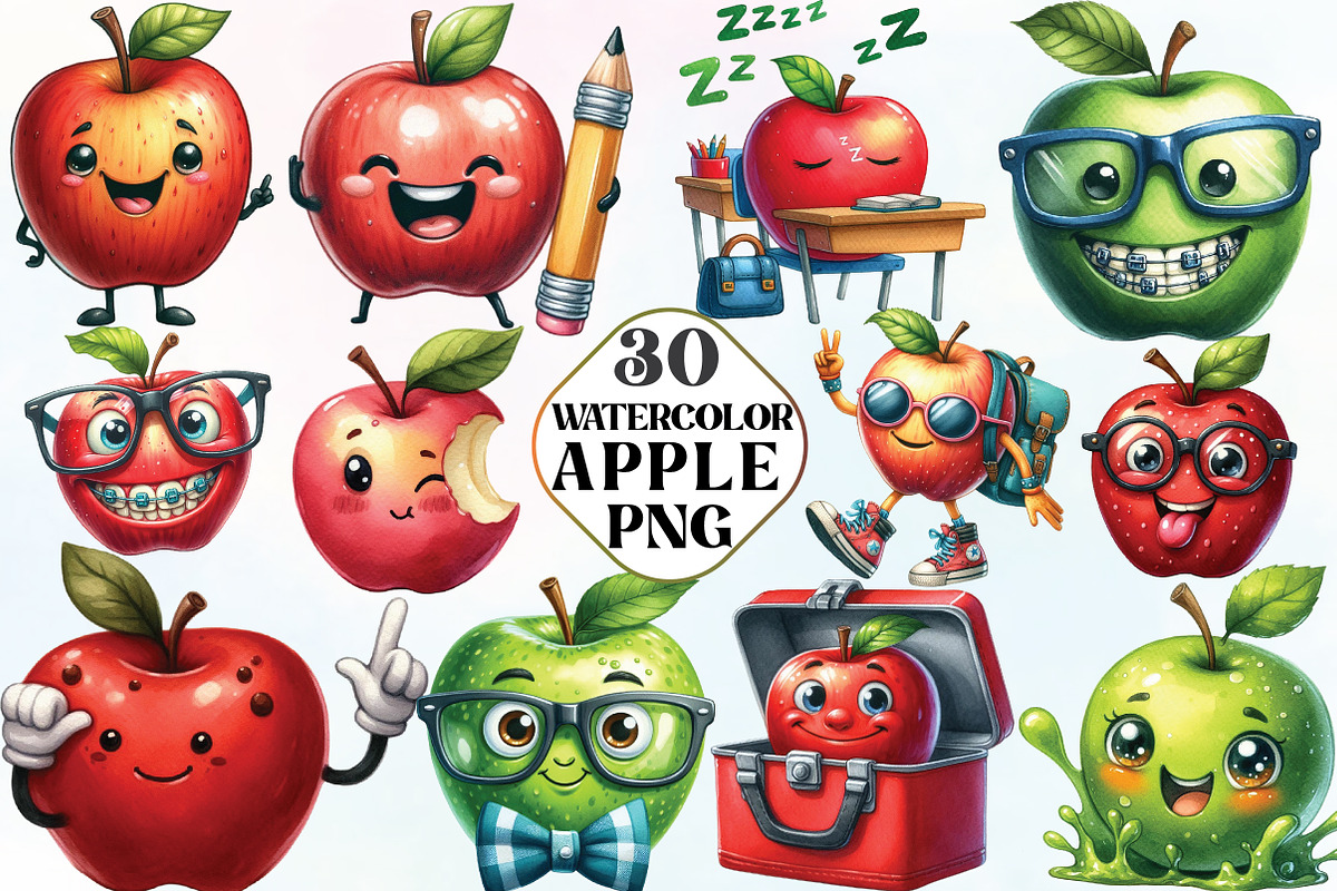 Back to School Funny Apple Clipart, an Illustration by CraftArtStudio (Photo 1 of 6)
