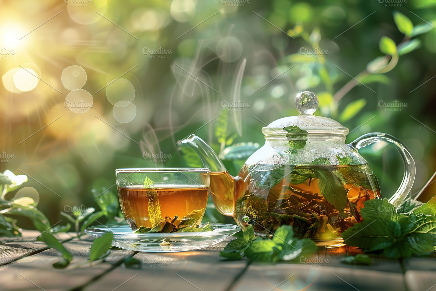 Glass cup with teapot of aromatic tea and green mint leafs on blurred green bac, a Food & Drink Photo by AlyaAnd