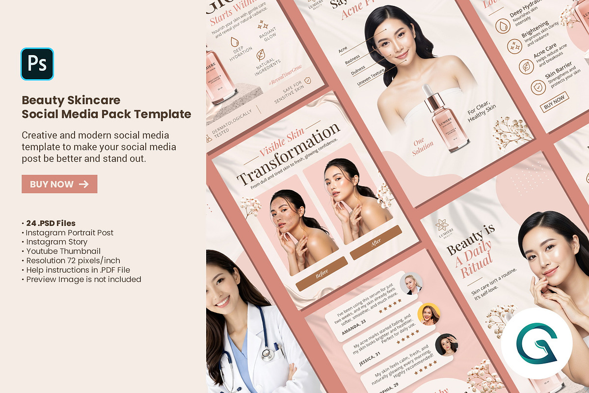 Beauty Skincare Social Media Pack, a Social Media Template by Geelator Studio (Photo 1 of 4)