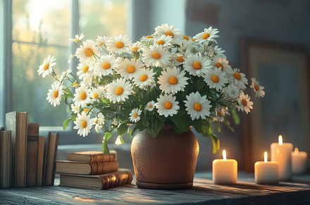 Daisies and books by a window, soft, a Background Photo by Pixeness