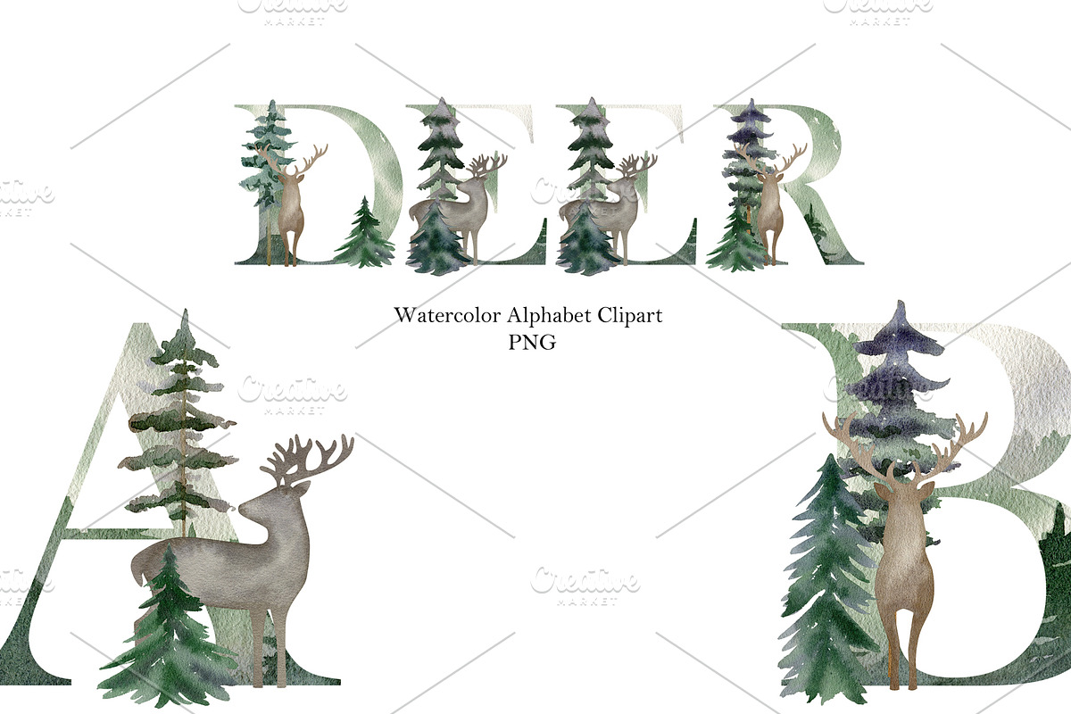 Watercolor forest deers alphabet., a Decorative Illustration by TaPilipa (Photo 1 of 4)