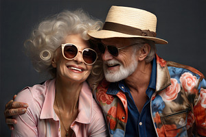 Happy senior couple wearing sunglasses and smiling warmly on dar, a Person Photo by ImageMir