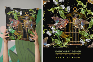 Chamomiles, golden cage and birds