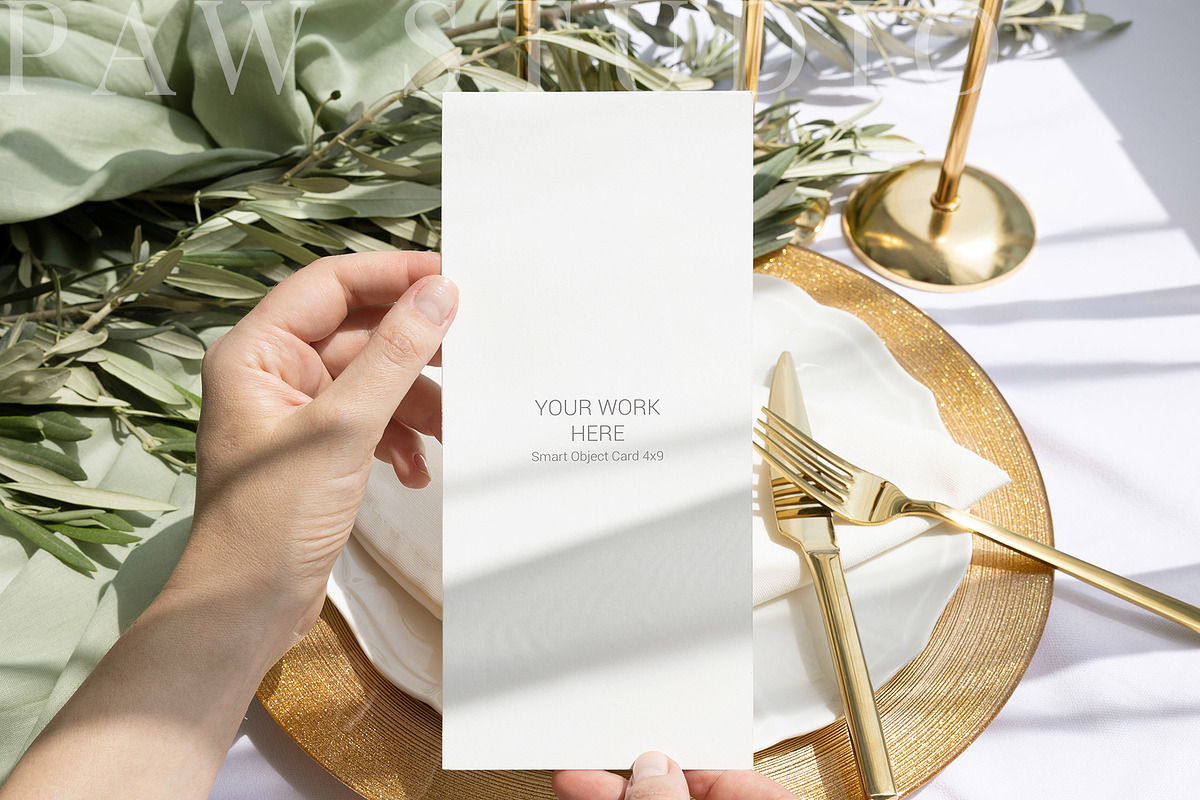 Card Mockup 4x9 Menu In Hand Olive, a Merchandise Mockup by PawMockups (Photo 6 of 9)