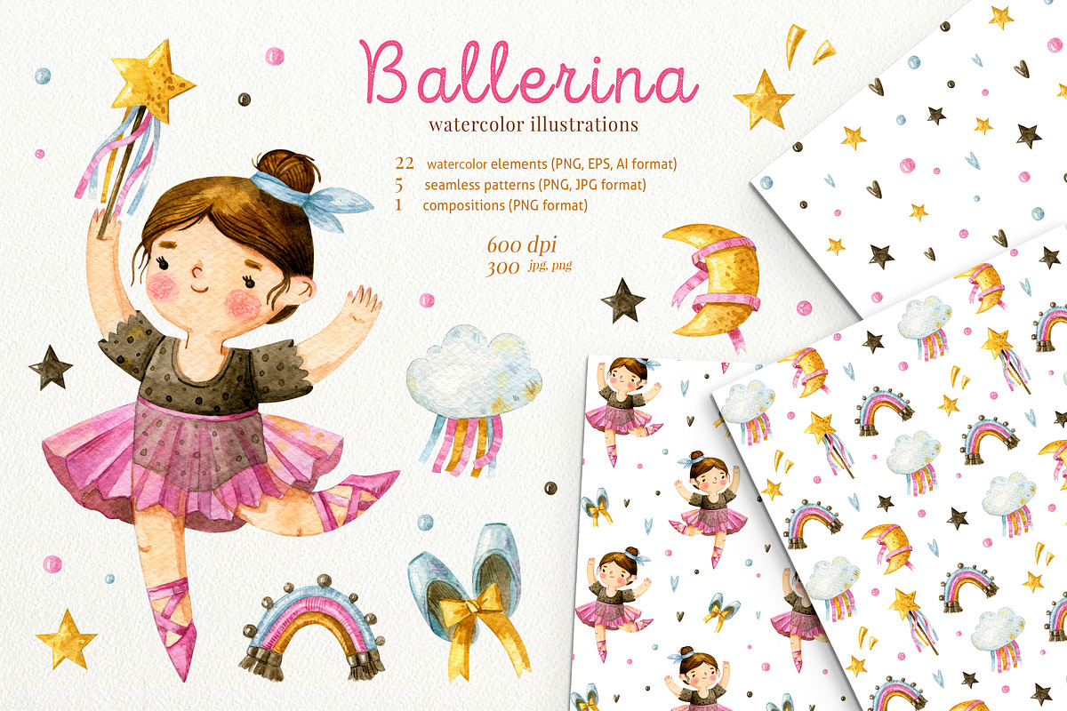 Watercolor cute ballerina. Girl set., an Illustration by babenkoirusa (Photo 1 of 10)
